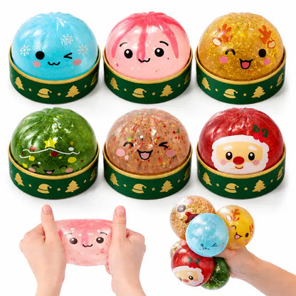 Christmas Dumpling Glitter Squishy Toy Set - Squishies Pack with Bun Dumpling Texture, Malt-Sugar Translucent Soft Squeeze Stress Balls, Decompressing Sensory Toy, Ideal Holiday Party Gift Item